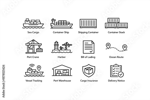 Maritime shipping icons: cargo, container ship, port crane, ocean route, delivery