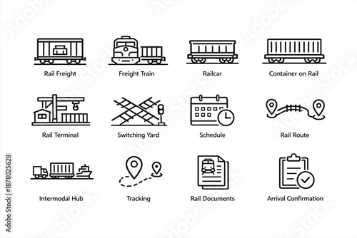Rail freight logistics icons: train, railcar, route, schedule, tracking