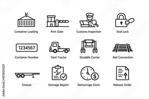 Logistics and transportation icons: container, customs, seal, chassis, rail connection