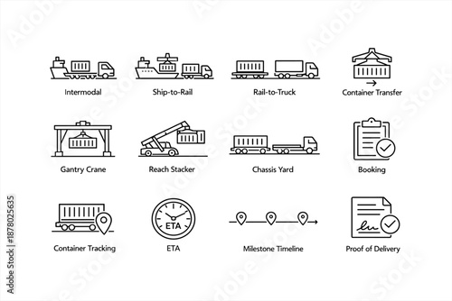 Logistics icons: intermodal, shipping, tracking, delivery processes illustrated