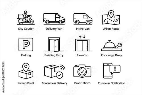 Icons depicting city courier delivery process and logistics features