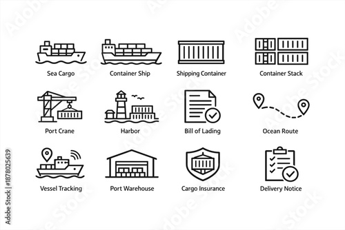Maritime shipping icons: cargo, container ships, port crane, harbor, delivery route