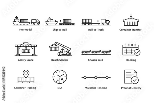 Intermodal shipping icons: transport modes, container transfer, tracking, and delivery milestones