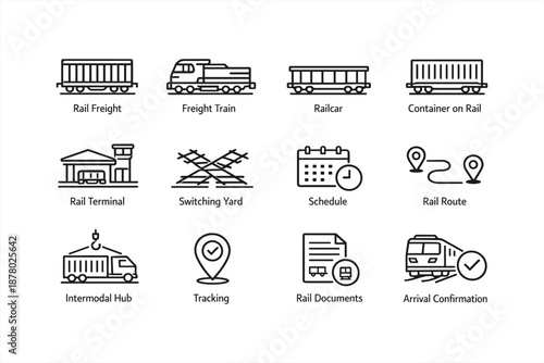 Rail freight and transportation icon set featuring train, railcar, and logistics elements