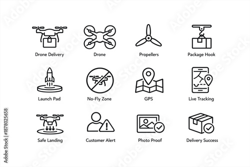Drone delivery icons set featuring gps, propellers, and package hook