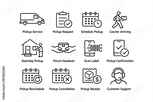 Parcel pickup and delivery icons set: schedule, courier, and customer support
