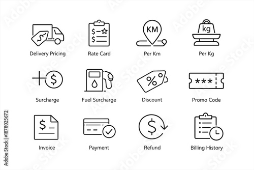 Delivery pricing icons for invoicing and billing: rate card, per km, per kg, discounts, payment, refunds, surcharge