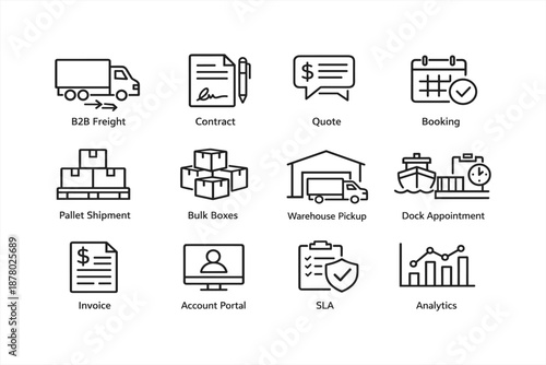 Logistics icons set: freight, contract, quote, booking, shipment, warehouse, dock, invoice, analytics