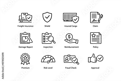 Cargo insurance and inspection icons set with shields and checkmarks for secure shipping