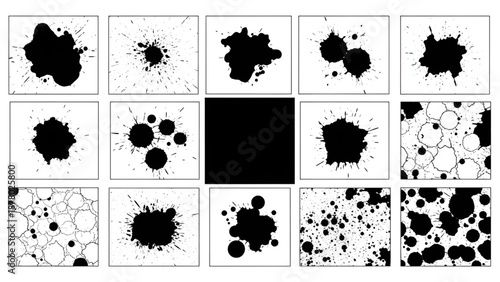 Comprehensive collection of black ink splatters, grunge textures, and abstract paint splashes.