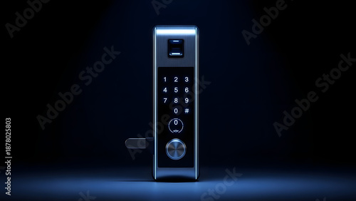 Modern smart door lock with glowing keypad and fingerprint scanner on dark background emphasizing security