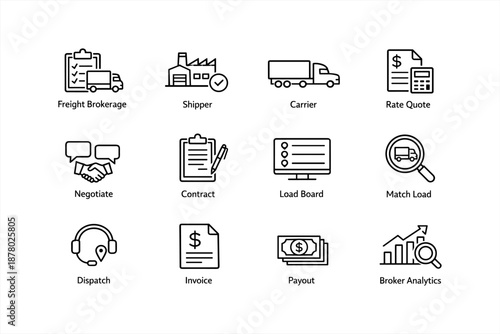 Transportation and freight logistics icons for shipping and brokerage