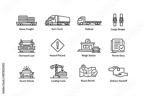 Heavy freight icons: transport elements including semi trucks and loading cranes
