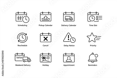 Calendar icon set for scheduling, pickup, delivery, reminders, and more