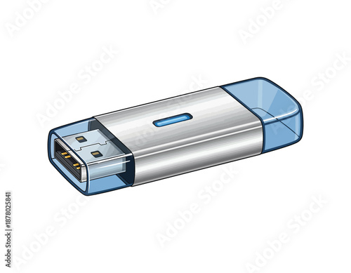 Digital data storage device for computer data transfer and storage, sleek and modern design with blue accents and a USB connector for connecting to electronic devices and transferring information