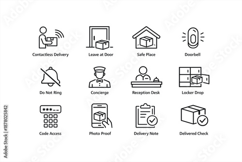 Contactless delivery icons: safe options, doorbell, concierge, photo proof