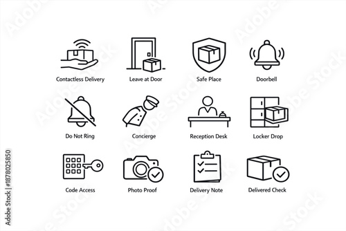Contactless delivery icons: safe place, doorbell, concierge, locker drop, delivery note