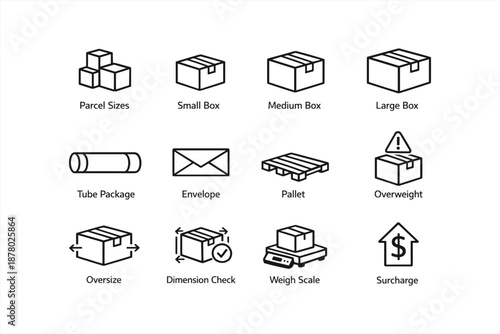 Package icons: box sizes, pallet, overweight, oversize, dimension check, surcharge