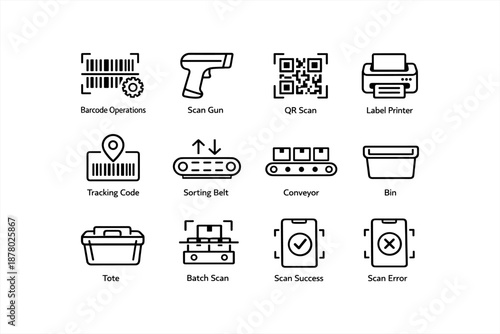 Warehouse scanning equipment icons for inventory and sorting efficiency