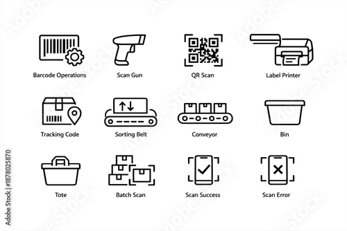 Warehouse logistics icons: barcode, qr, conveyor, scanner, printer