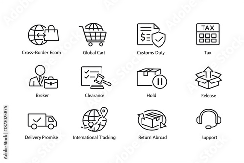 Cross-border e-commerce and international shipping icons for global market transactions