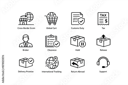 Logistics and e-commerce icons: global cart, customs, tax, tracking, support