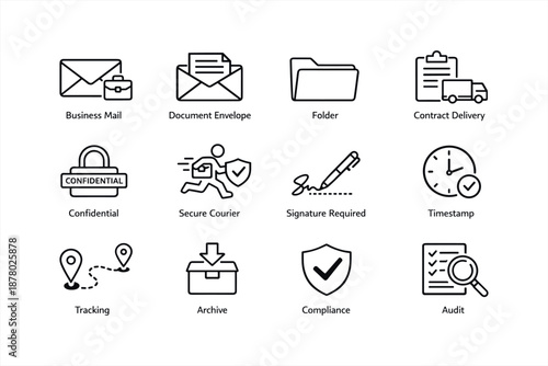 Business documents and services icons set: mail, security, compliance