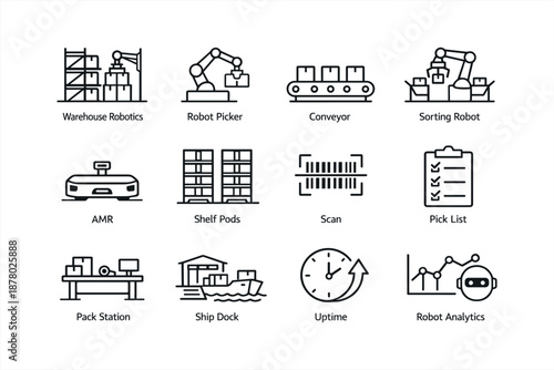 Warehouse automation icons with robotics, conveyor, and analytics elements