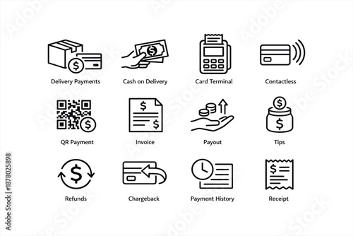 Various payment methods and financial icons illustrating transactions and refunds