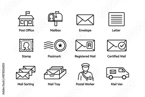 Postal service icons: post office, mailbox, envelope, letter, stamp, postmark, registered, certified mail