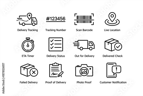 Delivery icons including tracking, barcode, location, eta, status, and notifications