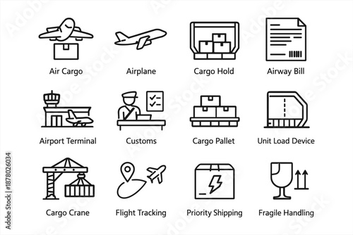 Air cargo logistics icons: airplane, customs, cargo pallet, crane, tracking, shipping
