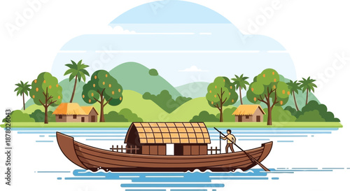 Idyllic kerala backwaters scene: a traditional houseboat cruising through serene canals with lush palm trees