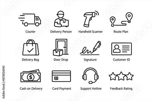 Set of delivery service icons including courier, scanner, and payment options