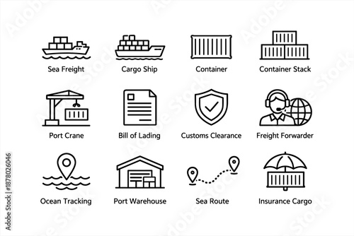 Maritime logistics icon set featuring sea freight and customs clearance