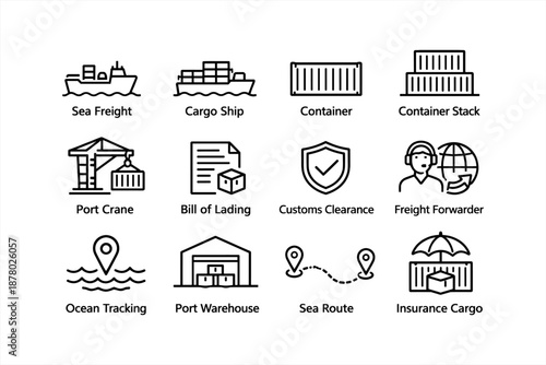Maritime shipping icons: sea freight, cargo, containers, logistics, tracking