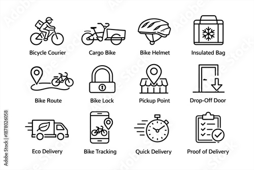 Delivery icons featuring bikes, helmets, and tracking symbols