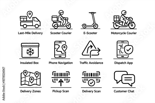 Delivery icons: transportation, navigation, and communication in logistics