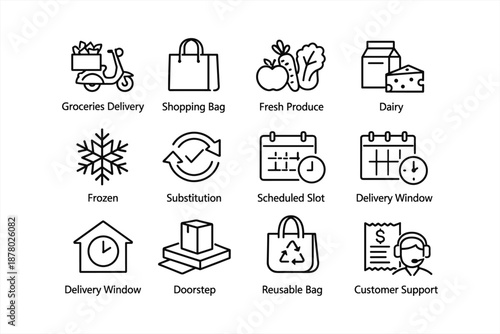 Icon set illustrating online grocery delivery features and services