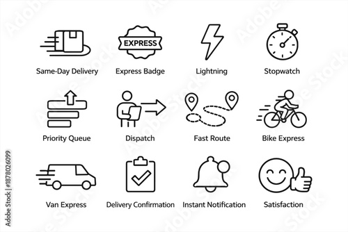 Express delivery and services icons set including lightning and stopwatch designs