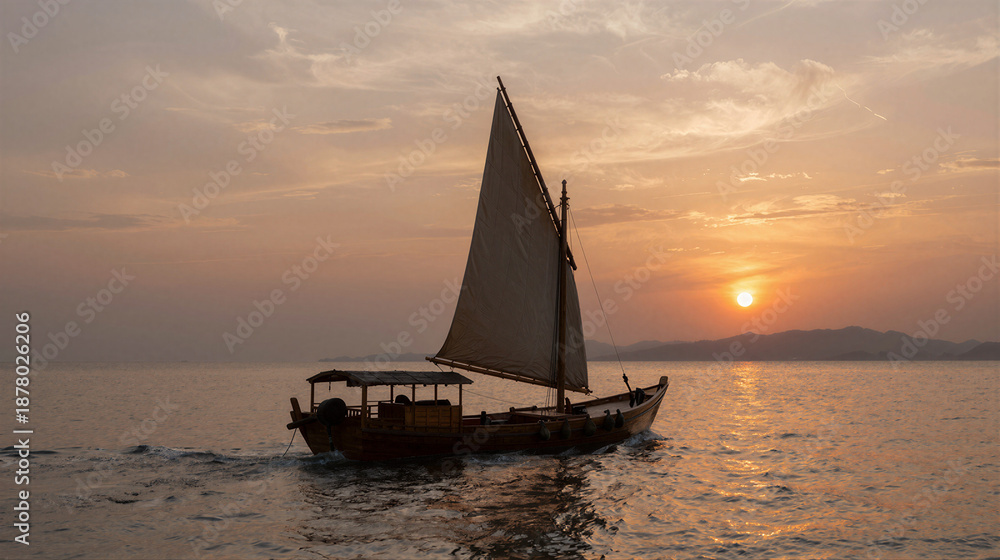 Fototapeta premium Sunset sail on a quiet bay: a traditional wooden boat gliding through golden waters