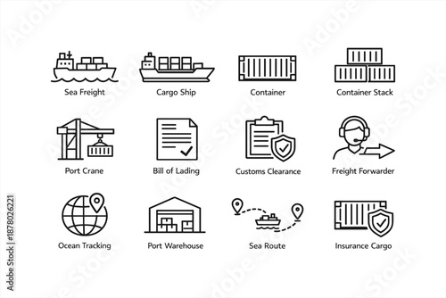 Maritime shipping and logistics icons including cargo ship and customs clearance