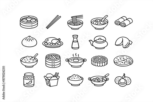 Chinese food icons: dumplings, noodles, tea, and dim sum