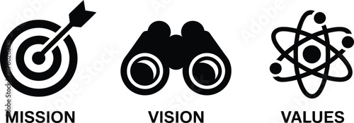Mission, vision, values icons on white background