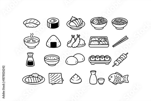 Japanese cuisine icons: sushi rolls, ramen bowls, tempura, bento