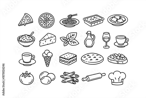 Italian cuisine icons set featuring pizza pasta cheese chef hat and more