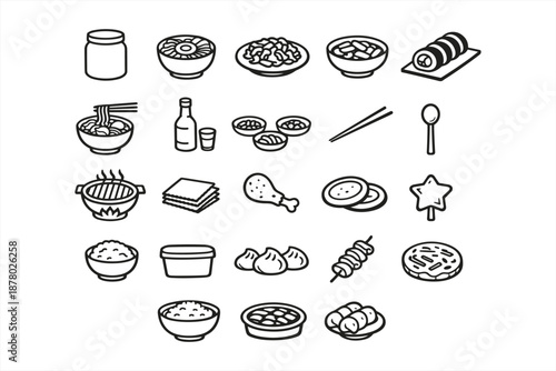 Assorted japanese cuisine icons collection: sushi, ramen, dumplings, bbq, rice, soy sauce