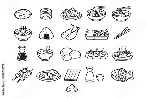 Variety of japanese cuisine: sushi, ramen, tempura, matcha, takoyaki and more