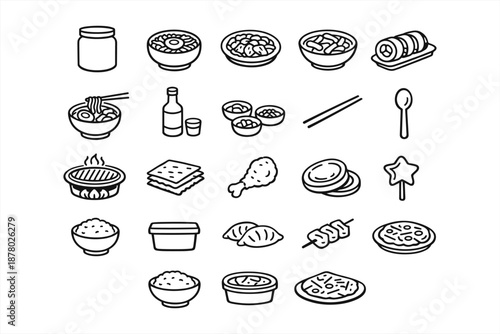 Assorted asian food icons: noodles, sushi, rice, dumplings, bbq