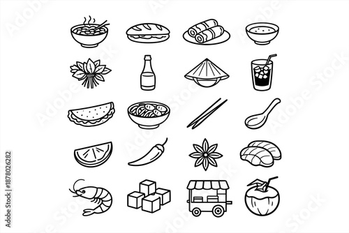 Asian cuisine icons set: noodles, banh mi, spring rolls, pho, spices, dim sum, sake, fish, umbrella, sushi, shrimp